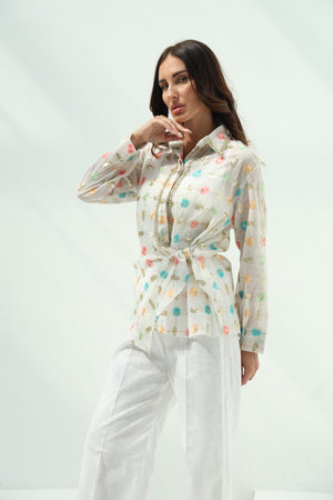 Off-White Organza Pants Set with Linen Shirt