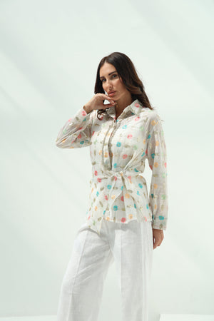 Off-White Organza Pants Set with Linen Shirt