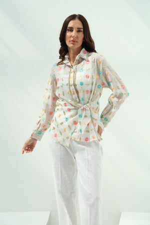 Off-White Organza Pants Set with Linen Shirt