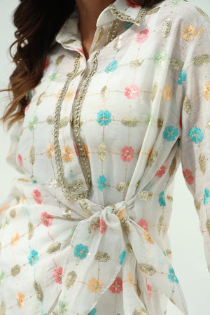 Off-White Organza Pants Set with Linen Shirt