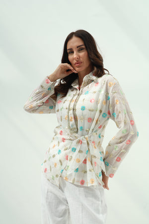 Off-White Organza Pants Set with Linen Shirt