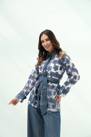 Elegant White Net Shirt & Cotton Pants Set