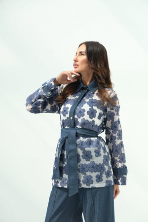 Elegant White Net Shirt & Cotton Pants Set