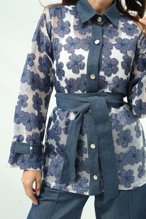 Elegant White Net Shirt & Cotton Pants Set