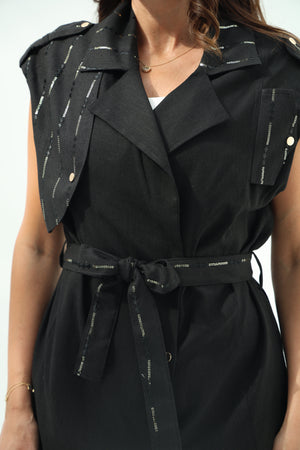 Linen Linen Embroidered Vest Set – Black Design featuring black linen embroidered vest with pants set,featuring a sleeveless