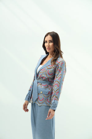 Blue set – light design jeans embroidered blazer