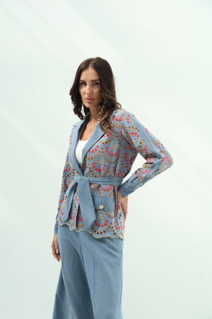 Blue set – light design jeans embroidered blazer