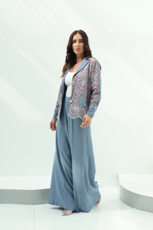 Jeans Jeans Embroidered Blazer Set – Light Blue Design featuring embroidered cotton-jeans jacket with gold buttons and wide p