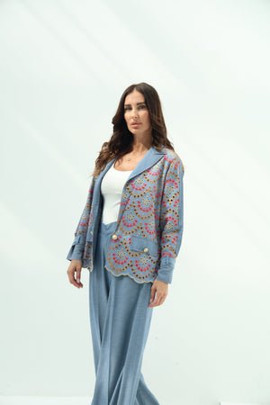 Blue set – light design jeans embroidered blazer