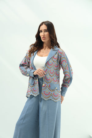 Blue set – light design jeans embroidered blazer