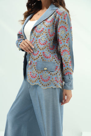 Blue set – light design jeans embroidered blazer