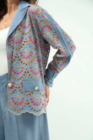 Blue set – light design jeans embroidered blazer