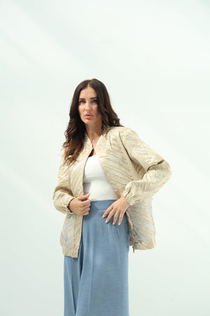 Jacquard Jacquard Golden Bomber Jacket – Light Gold Design featuring golden jacquard bomber jacket with two big pockets in li