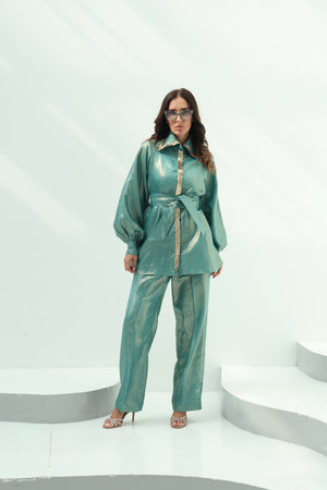 Foil-Linen Tiffany Foil Linen Shirt Set – Tiffany Design featuring tiffany foil linen shirt with pants set,featuring a flowin