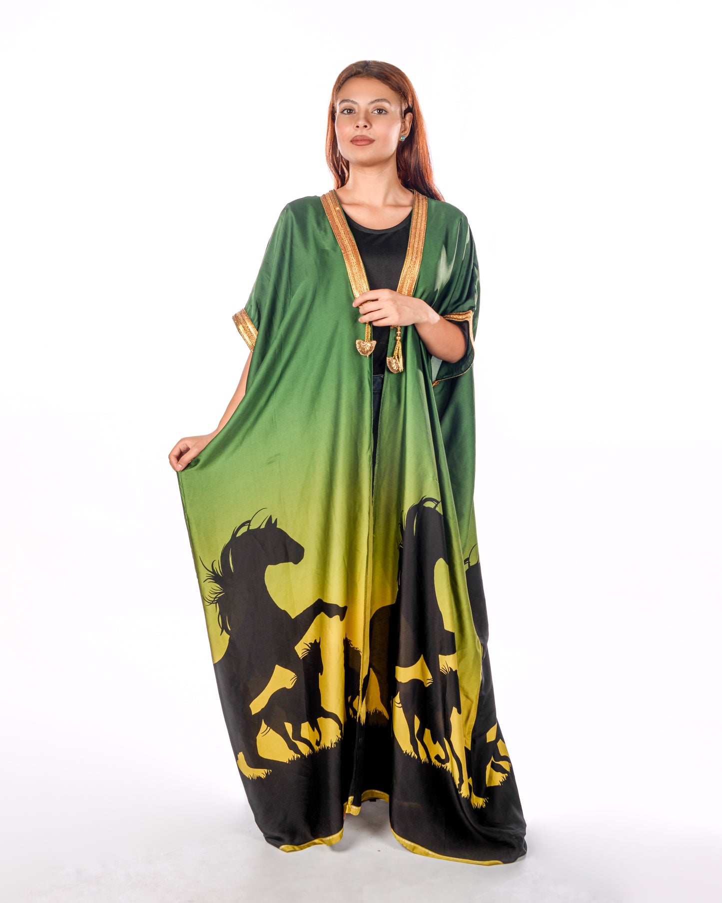 Green bisht abaya with horse print