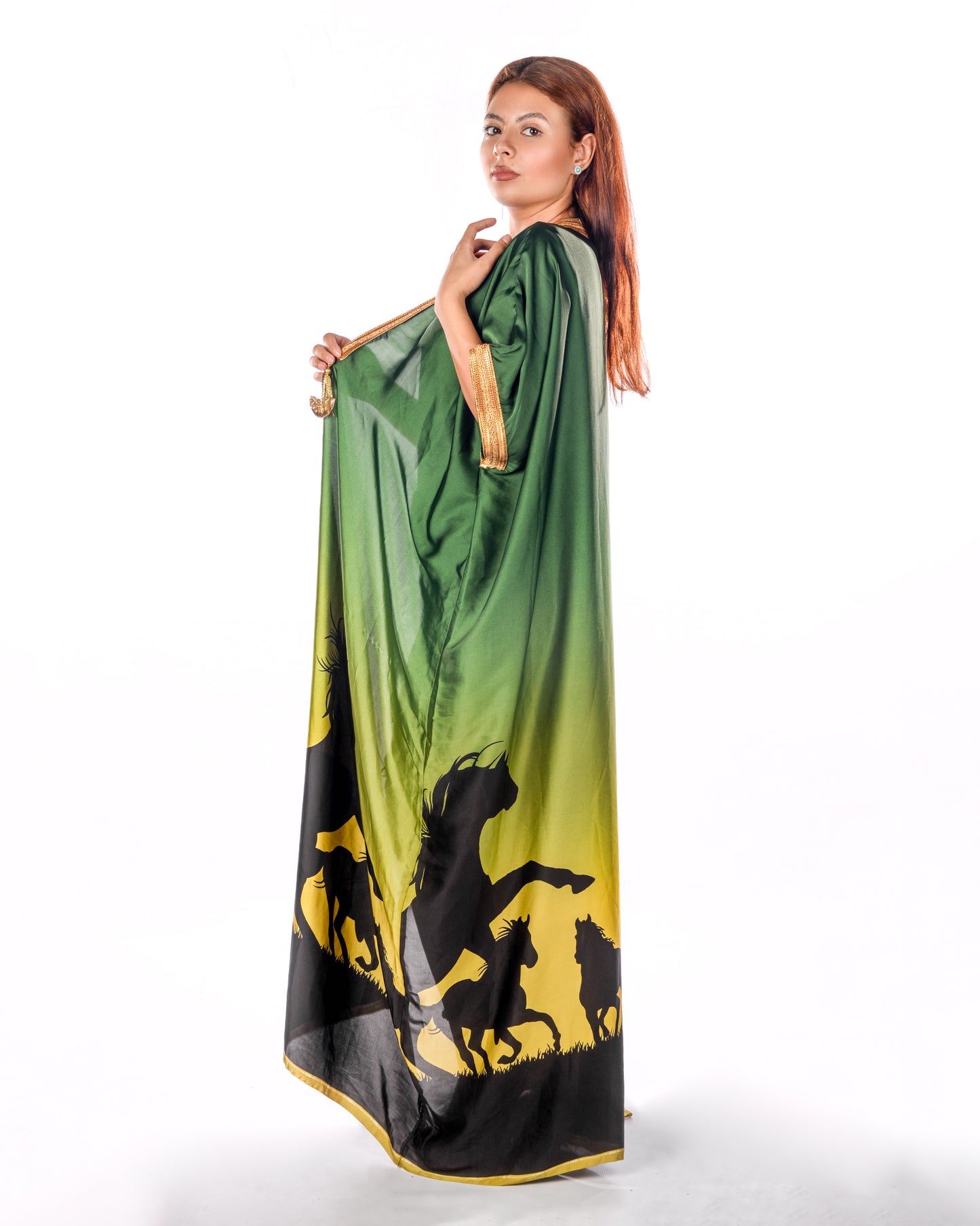 Green bisht abaya with horse print
