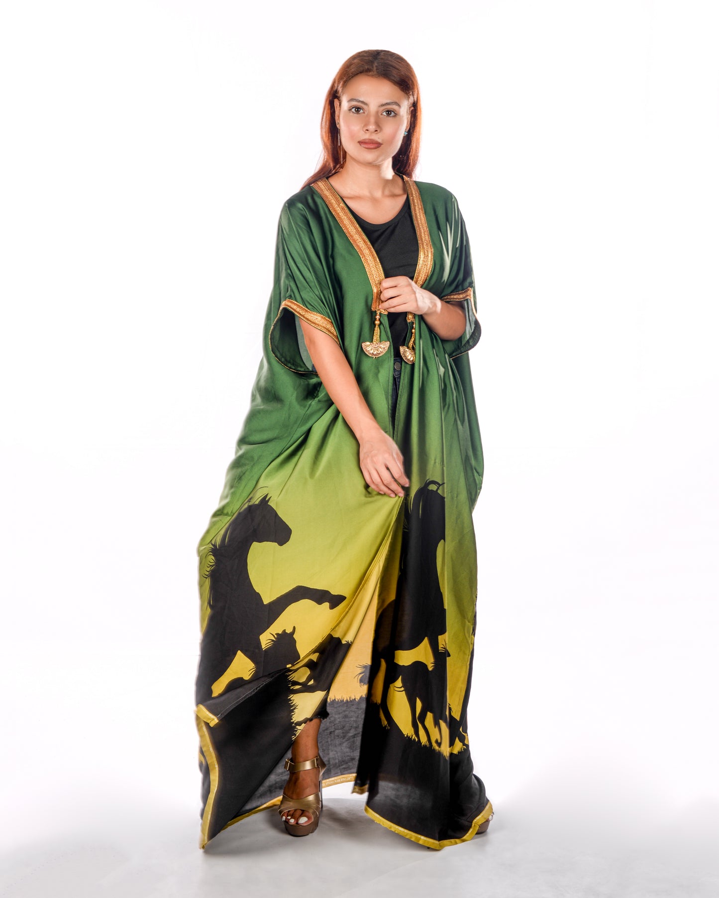 Green bisht abaya with horse print