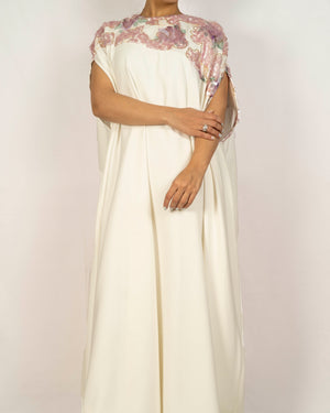 Off White Crepe Caftan Dress With Purple Sequence