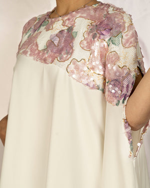 Off White Crepe Caftan Dress With Purple Sequence