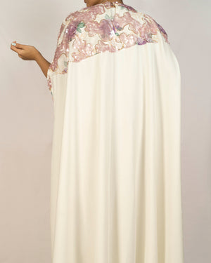 Off White Crepe Caftan Dress With Purple Sequence