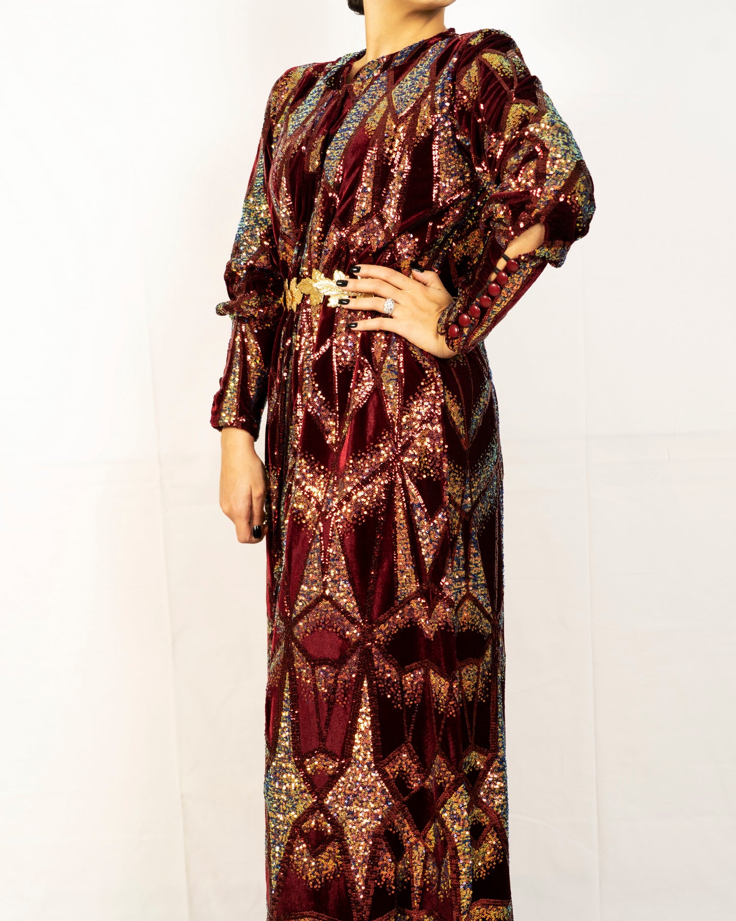 Russet colour base, velvet caftan covered with designed sequence
