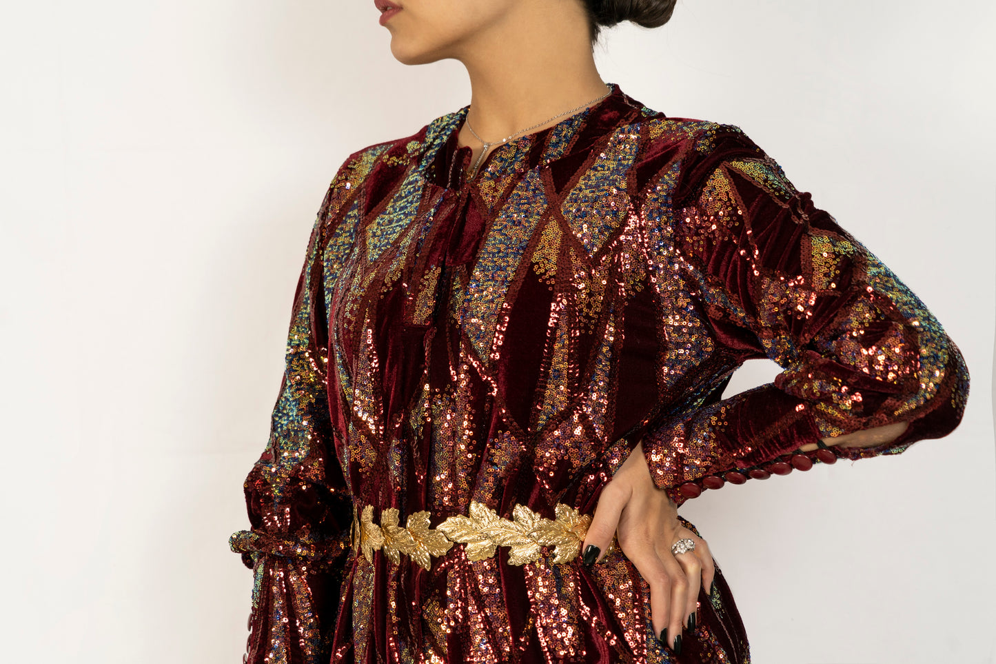 Russet colour base, velvet caftan covered with designed sequence
