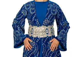 Indigo Blue Velvet Caftan Hand Made Embroidery