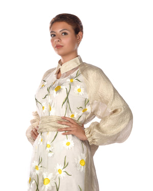 Beige Silver Kaftan With Sunflower Embroidered Organza