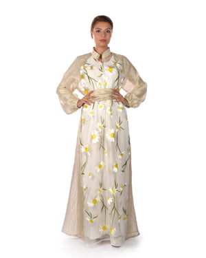 Beige Silver Kaftan With Sunflower Embroidered Organza