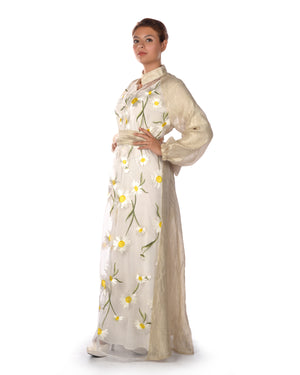 Beige Silver Kaftan With Sunflower Embroidered Organza
