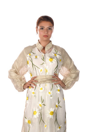 Beige Silver Kaftan With Sunflower Embroidered Organza