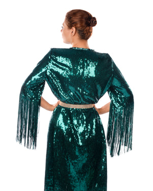 Deep Teal Green Sequins Kaftan Dress With Fringe
