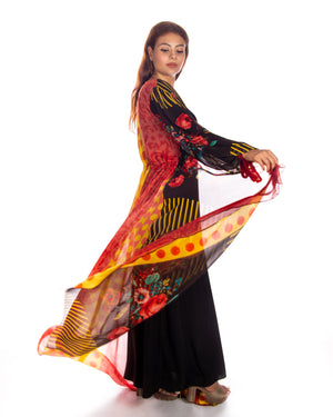 Peach Tulle Bisht With Sequence Design