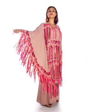 Pink Linen Kaftan Dress With Fuchsia Tassels