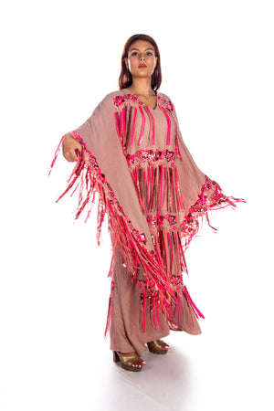 Pink Linen Kaftan Dress With Fuchsia Tassels