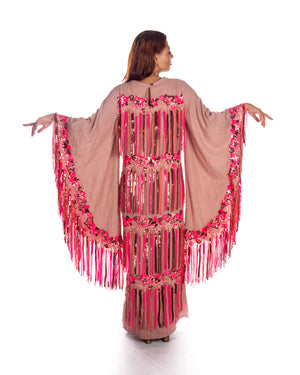 Pink Linen Kaftan Dress With Fuchsia Tassels