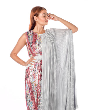 Sequence Pink Silver Kaftan Dress With One Side Cape