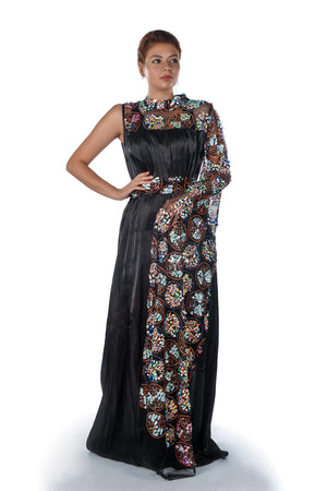 Black Kaftan Dress With One Sequence Embroidered Long Sleeve