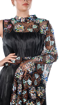 Black Kaftan Dress With One Sequence Embroidered Long Sleeve