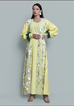 Yellow Organza Embroidered Kaftan