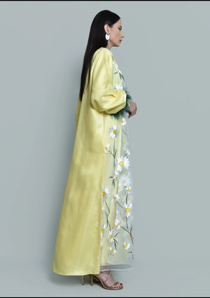 Yellow Organza Embroidered Kaftan