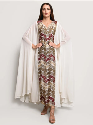 Off White Chiffon Embroidered Kaftan Dress