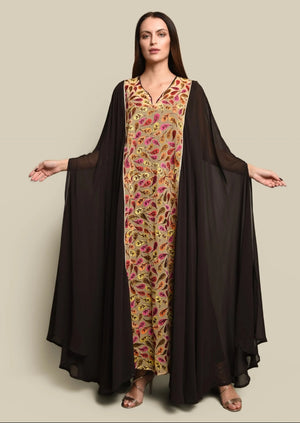 Brown Chiffon Embroidered Kaftan Dress