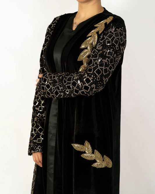 Black Velvet Caftan With Gold Embroidered Sequence – Black Design