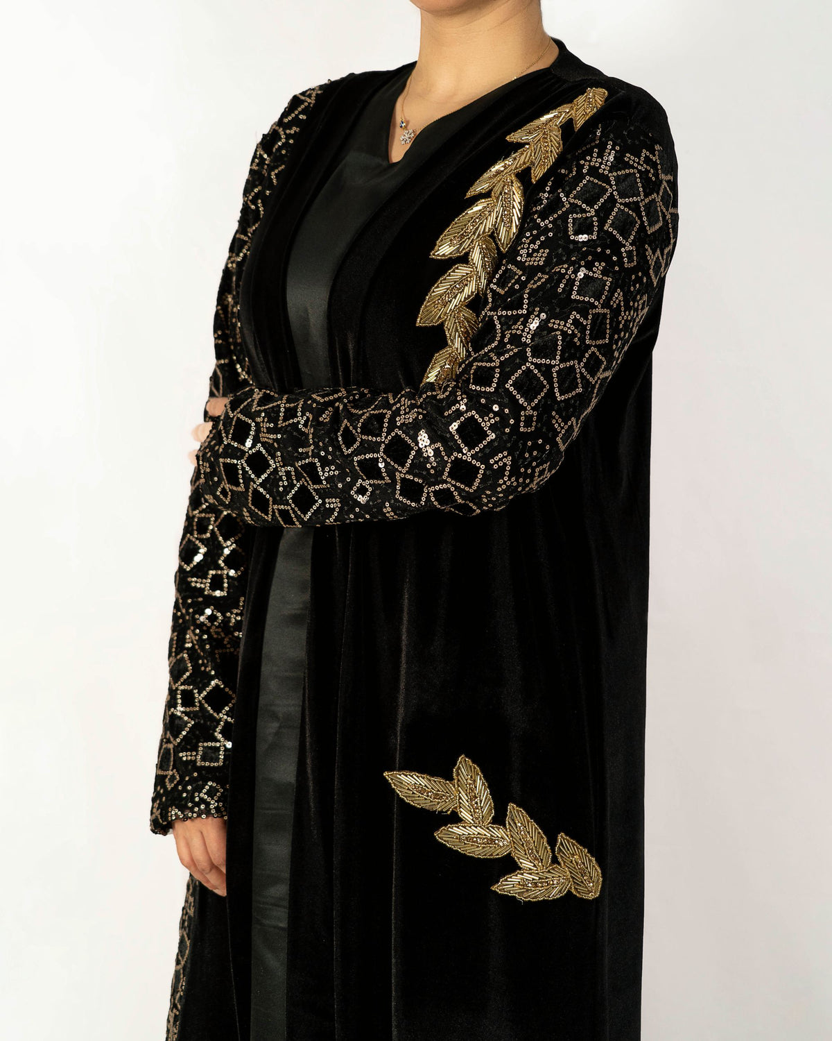 Black Velvet Caftan With Gold Embroidered Sequence