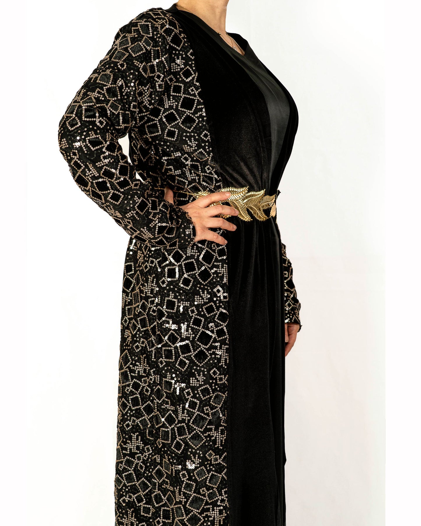 Black Velvet Caftan With Gold Embroidered Sequence – Black Design