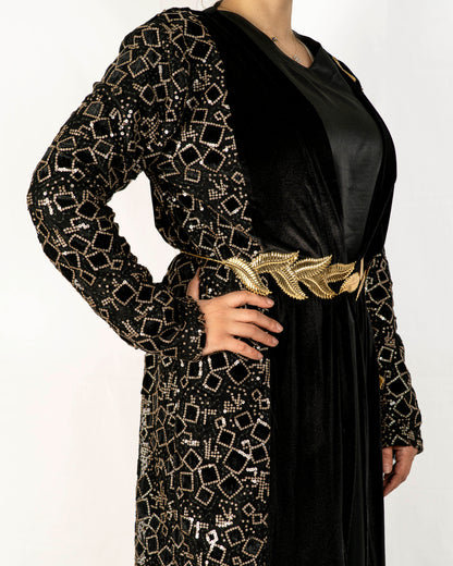 Black Velvet Caftan With Gold Embroidered Sequence – Black Design