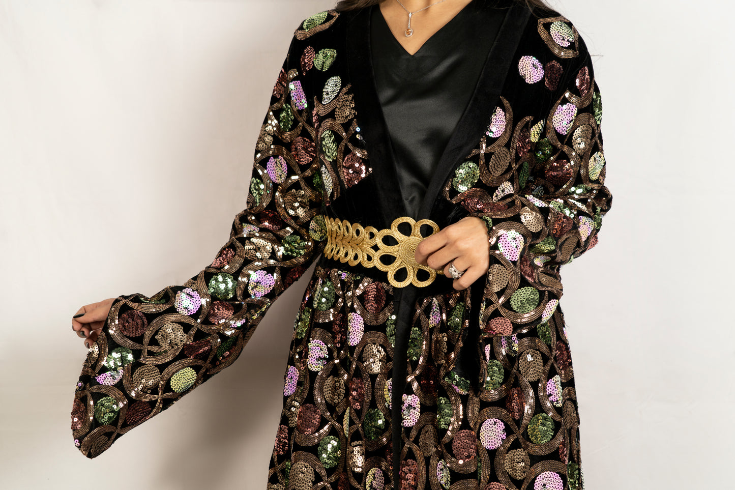 Black velvet base caftan with colourful designed sequence