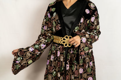 Black velvet base caftan with colourful designed sequence