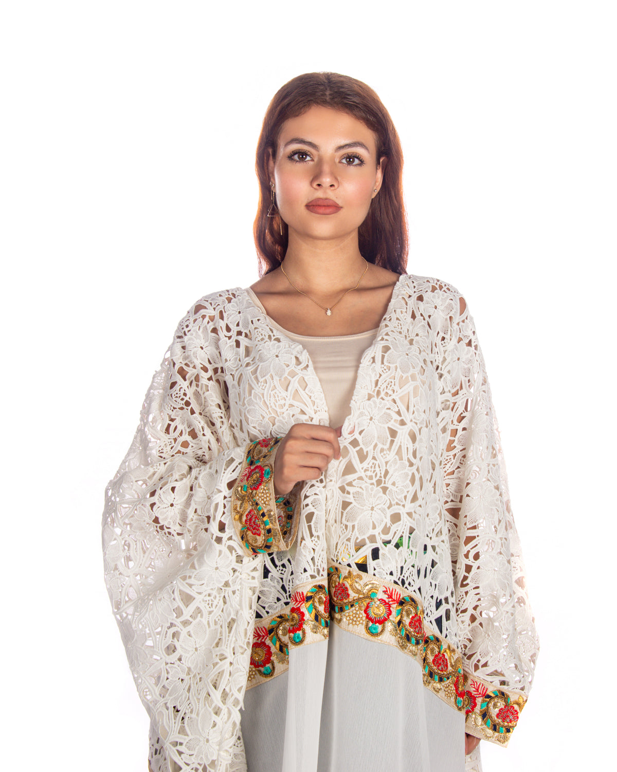 White Dantel Shifon Bisht With Colorful Embroidery